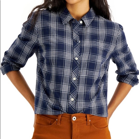 STYLE & CO boyfriend plaid blue long sleeve navy blue -white button down shirt/M - Picture 1 of 9